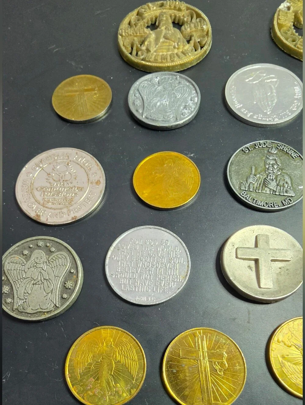 Religious Medal Keychain and Assorted Faith Tokens - Gold & Silver 21 Pieces